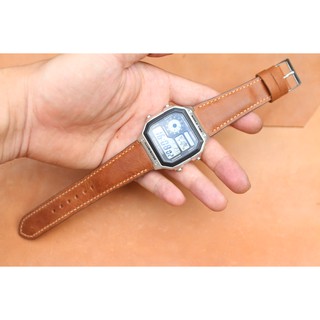 【 FREE SHIP】 Dây đồng hồ da 2 lớp Casio AE1200 da bò thật màu vàng bò