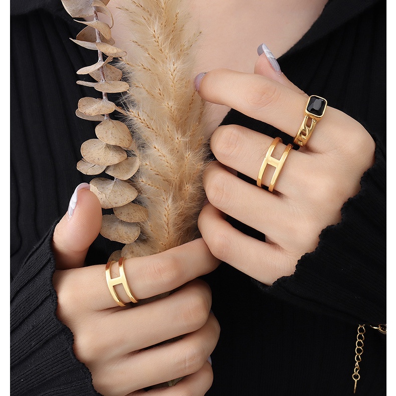 Nhẫn nữ hở tuỳ chỉnh size đẹp mạ vàng chữ H bản ngang phong cách Âu Mỹ cá tính Boho