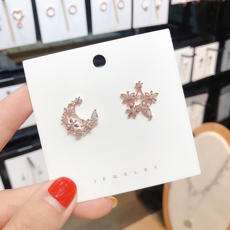 【Jewelry Time】925 Silver Needle Korean Ins Hollow Star Moon Earrings Rhinestone Flower Ear Studs