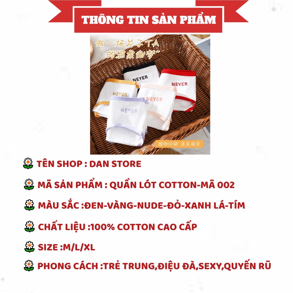 Quần Lót Cotton - Quần Lót Nữ Cotton thiết kế viền màu thêu chữ NEVER cao cấp thoáng mát DAN STORE MÃ 002