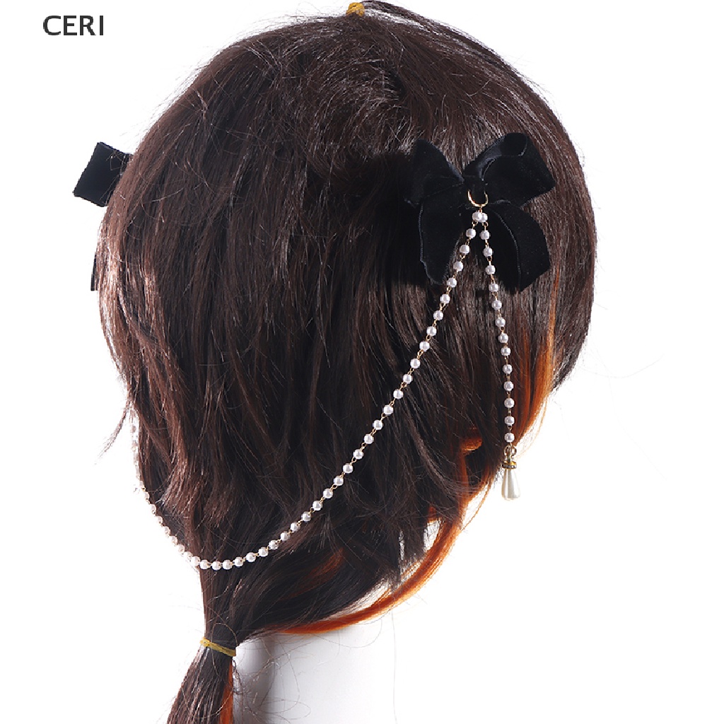 Kẹp Tóc Hình Nơ Bằng Nhung Phối Chuỗi Hạt Ngọc Trai Thời Trang Cho Nữ