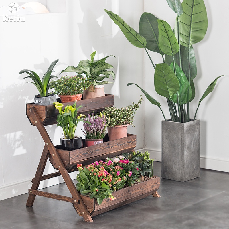 Kệ trồng cây ban công 3 tầng bằng gỗ thông dày dặn, kệ để cây cảnh ngoài trời màu sắc tự nhiên Keria T07