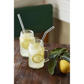 Set Hũ thủy tinh Cốc quai 480ml nắp có lỗ kèm ống hút thủy tinh