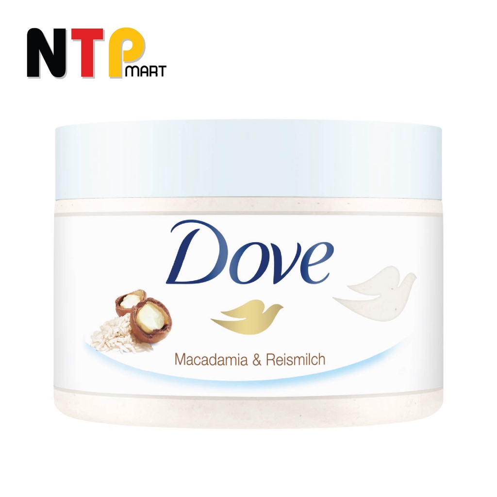 Kem Tẩy Tế Bào Chết Dove Creme-Dusch-Peeling Macadamia & Reismilch chiết xuất từ Macca Sữa Gạo hộp 225ml nhập khẩu Đức
