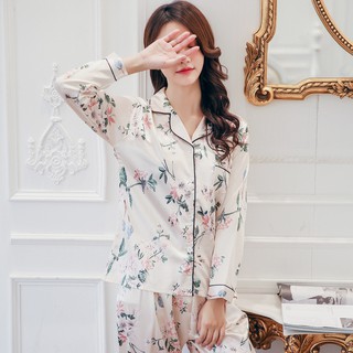 Bộ lụa dài tay mặc nhà Satin cao cấp | Bộ pijama lụa dài tay mẫu hoa trắng | Katilyn LD004