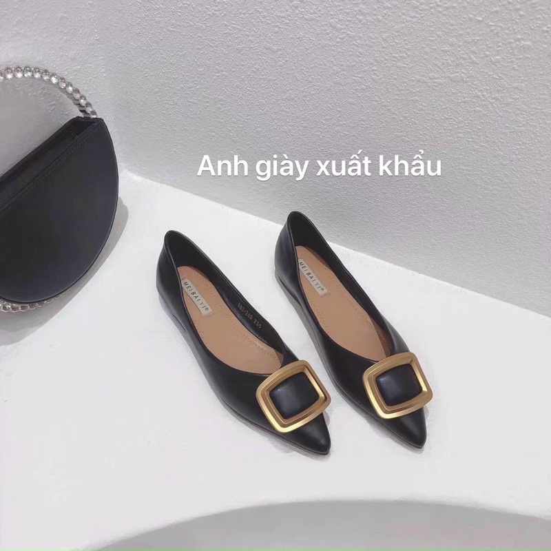 GB49 - Giày búp bê, giày bệt mũi nhọn da lì nơ khoá vuông siêu mềm dẻo hàng quảng châu cao cấp ( ảnh thật, kèm video)