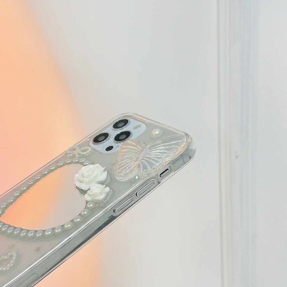 Ốp Điện Thoại TPU Mềm Tích Hợp Gương Trang Điểm Hình Hoa Và Bướm Dành Cho IPhone 14 13 12 11 Pro Max XS XR 8 7 Plus