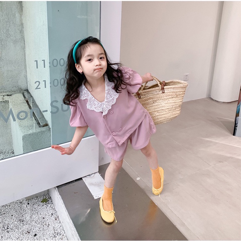 Bộ Áo Tay Phồng Ngắn Cổ Ren + Quần Short Thời Trang Hàn Quốc Cho Bé Gái