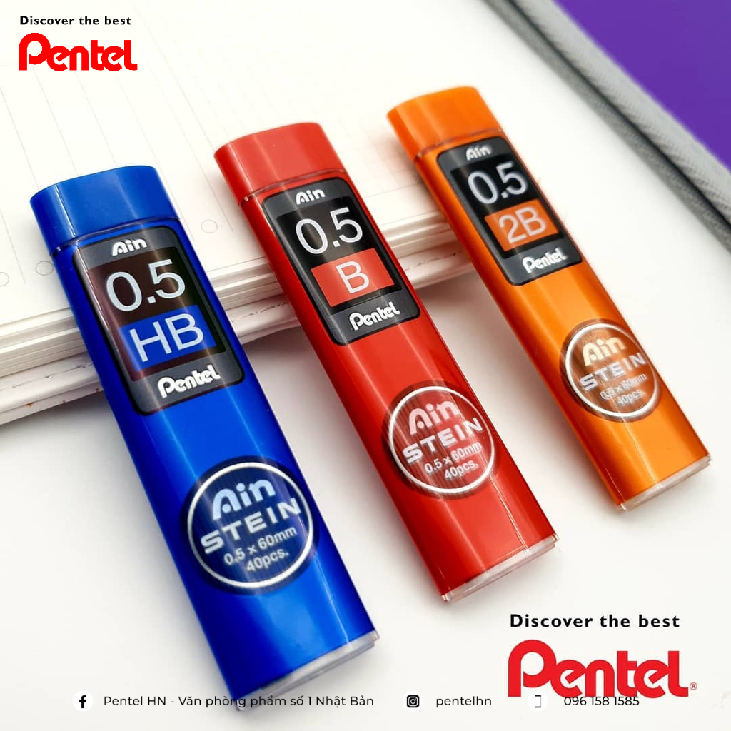 Ruột Chì Kim Pentel Ain Stein 2B Ngòi 0.2/0.3/0.5/0.7/0.9mm  | Cấu Trúc Tổ Ong Siêu Cứng | Nét Viết Trơn Mượt