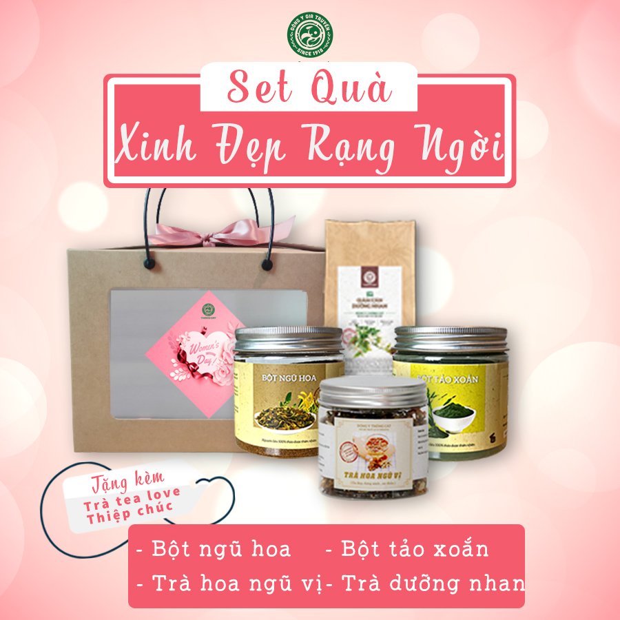 Qùa tặng 8/3 Xinh Đẹp Rạng Ngời THÔNG CÁT HCM giành tặng người yêu, phụ nữ set trà dưỡng nhan, bột thảo mộc giúp sáng da