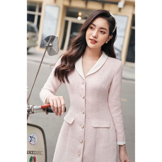 LALYA_Váy tweed hồng cổ sam