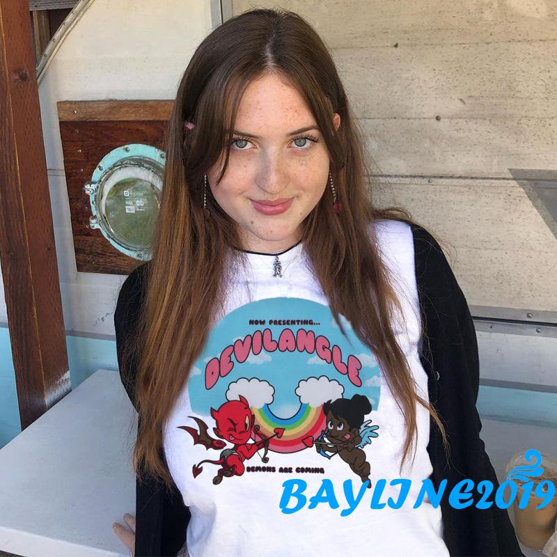 Áo thun dáng lửng ngắn tay in hình thiên thần và ác quỷ thời trang sành điệu dành cho nữ