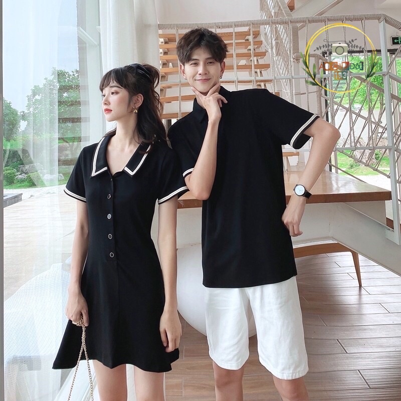 Váy thun đôi đen dáng xòe + Áo thun polo nam