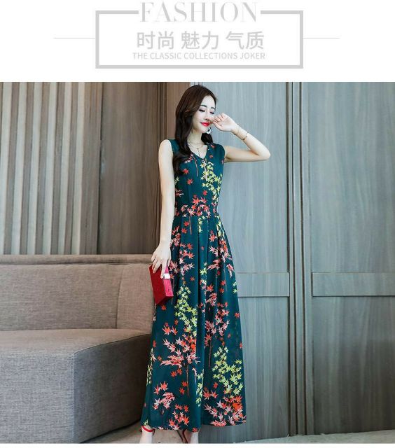 Hàng nhập - Jumpsuit dài voan lụa in lá phong