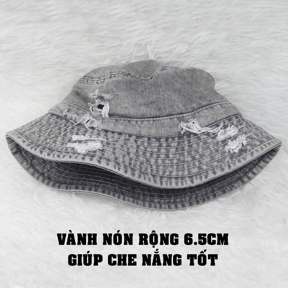 Nón bucket jean rách bụi cá tính không thêu, không có quai nón