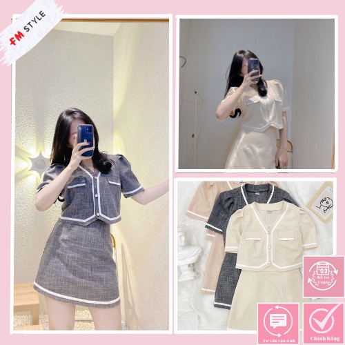 Set áo cổ V sang | Áo phối viền kèm chân váy | Fm store 220129412