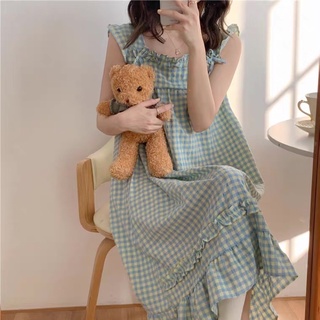 Váy đầm ngủ mặc nhà pijama 2 dây dáng dài xanh pastel kẻ caro Yannie