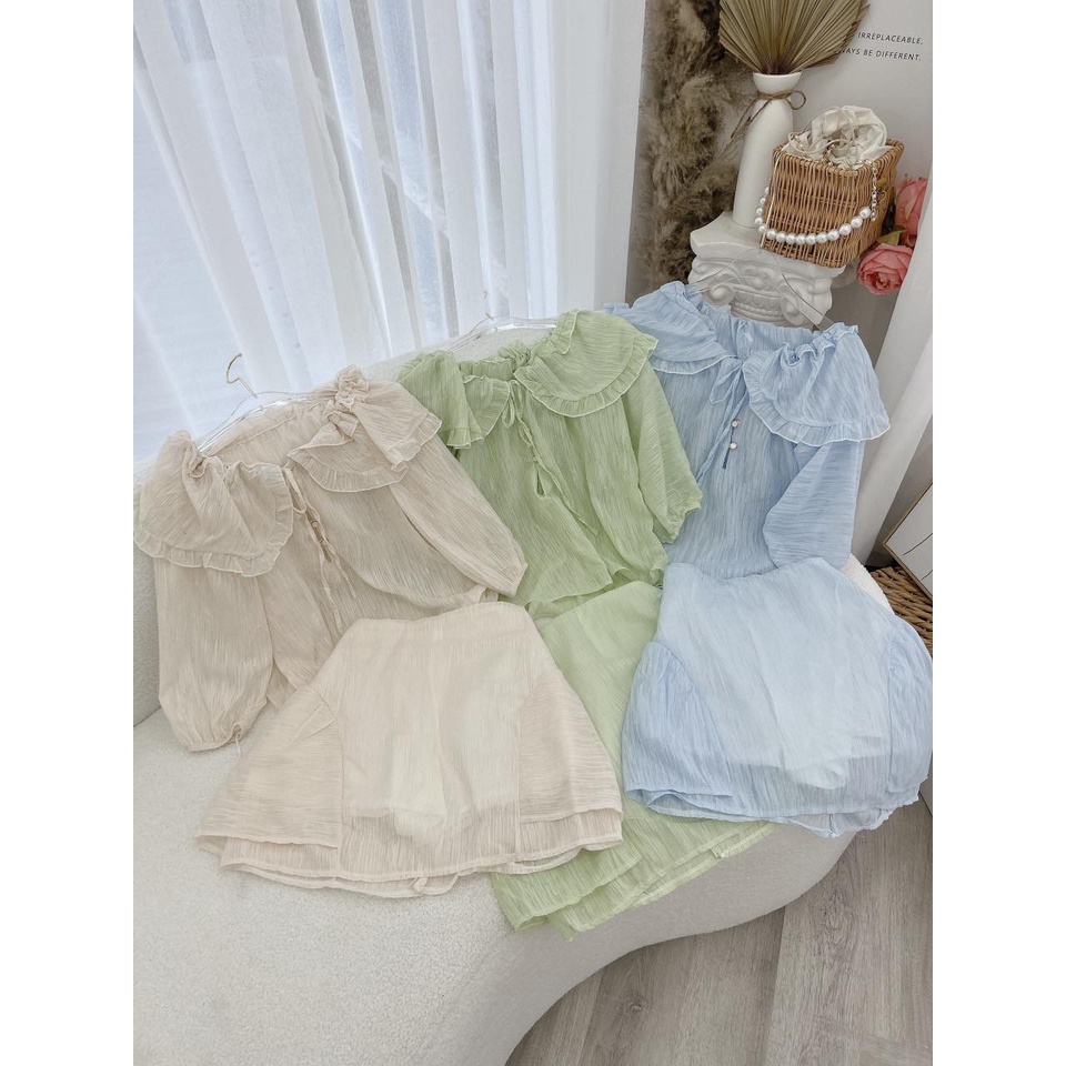 SET ÁO VOAN TƠ CỔ BÈO RỚT VAI + CHÂN VÁY