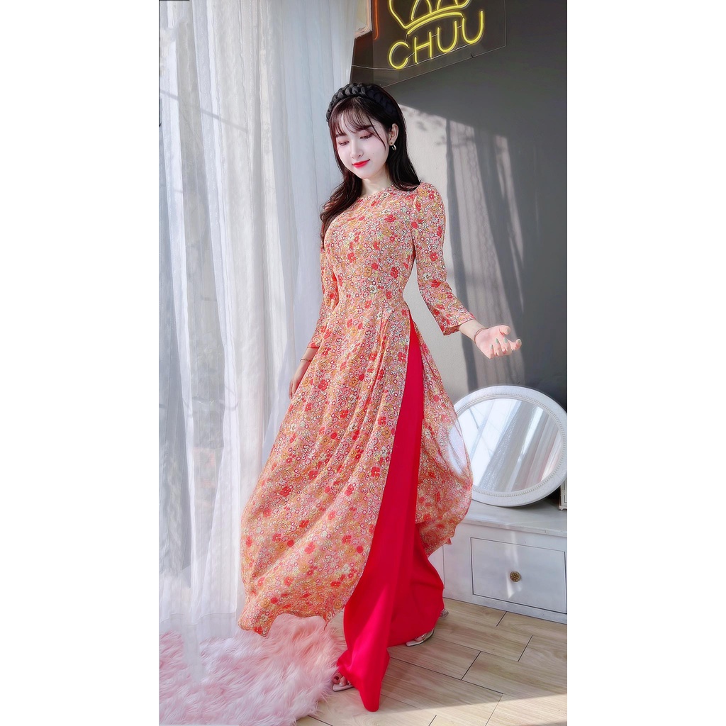 Áo dài nữ cách tân hoa nhí tay phồng không kèm quần CHUU AD8041