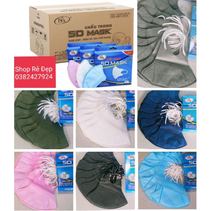 1 thùng 100 hộp khẩu trang y tế 5D quai thun, mỗi hộp 10 cái. có nhiều màu, được mix màu. Hãng Nam Anh famapro