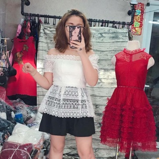 Đầm xoè bẹt vai pha ren cao cấp