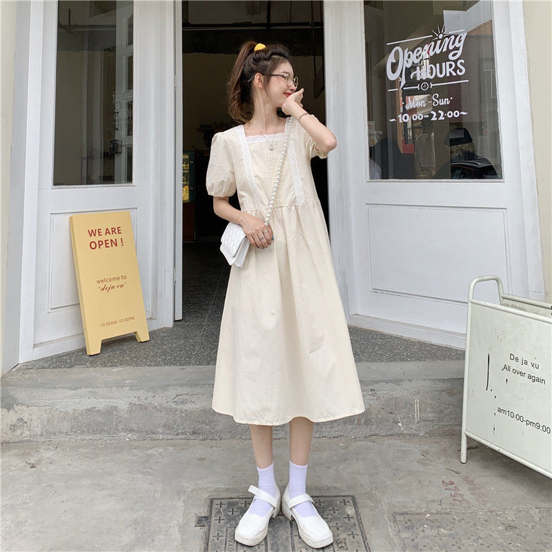 Đầm nữ dáng rộng cổ vuông đáng yêu hợp thời trang