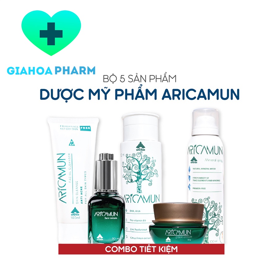 Bộ sản phẩm chăm sóc da toàn diện Aricamun (5 món) - Sữa rửa mặt, nước hoa hồng, serum, kem dưỡng, xịt khoáng [arica]