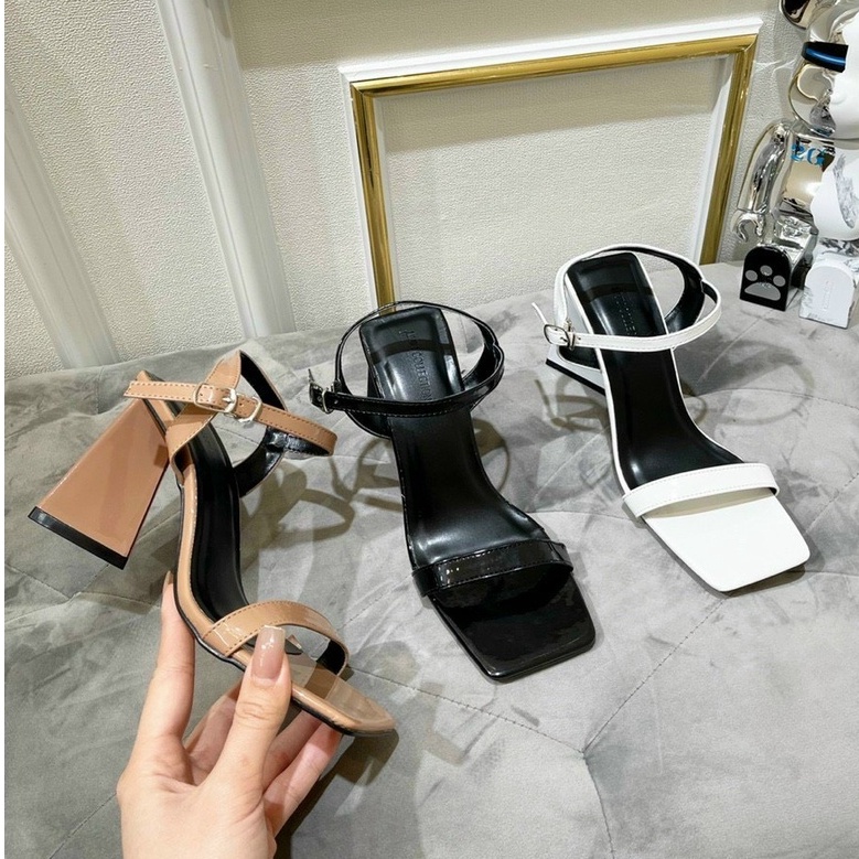 Sandal da bóng mũi vuông quai ngang gót trụ to - 7P