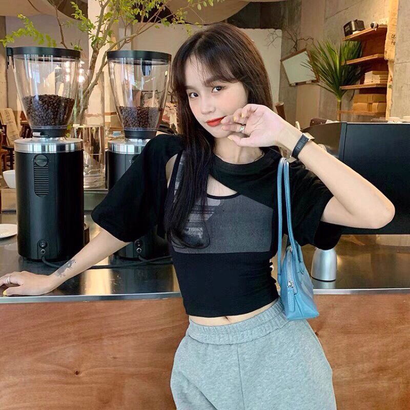 Áo croptop nữ phong cách hàn quốc, kèm áo choàng ngoài, có thể mặc rời