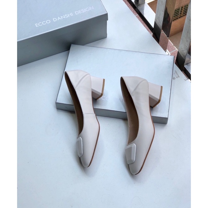 Giày búp bê mũi vuông gót cao 3cm thương hiệu Ecco da thật cao cấp màu đơn giản dễ phối đồ