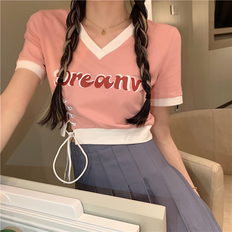 【ZHELIHANGFEI】 / Áo Thun Tay Ngắn Màu Trơn Kiểu Retro Mỹ Thời Trang Mùa Hè Cho Nữ