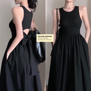 Váy Đầm Dáng Dài Đen/Trắng Ôm Eo Buộc Nơ Sau Ulzzang Kaylee