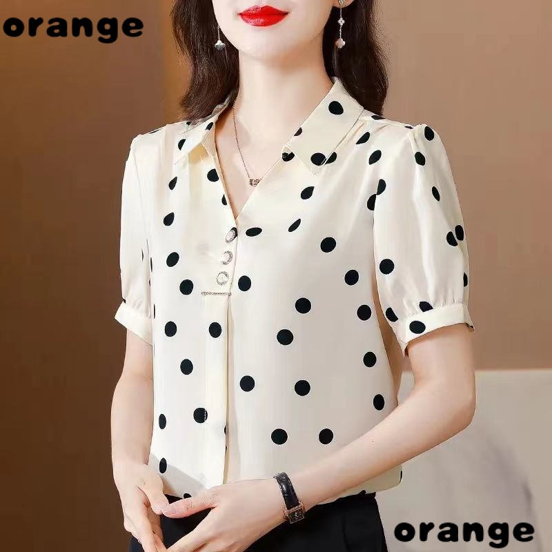 Áo Sơ Mi Chiffon Tay Ngắn Dáng Rộng Họa Tiết Chấm Bi Phong Cách Phương Tây Thời Trang Mùa Hè Cho Nữ Trung Niên