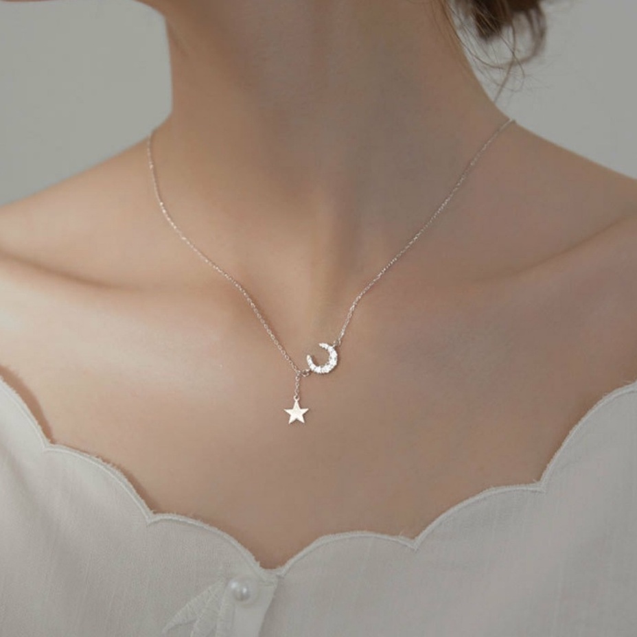 Dây chuyền bạc ý 925 ngôi sao mặt trăng vòng cổ nữ