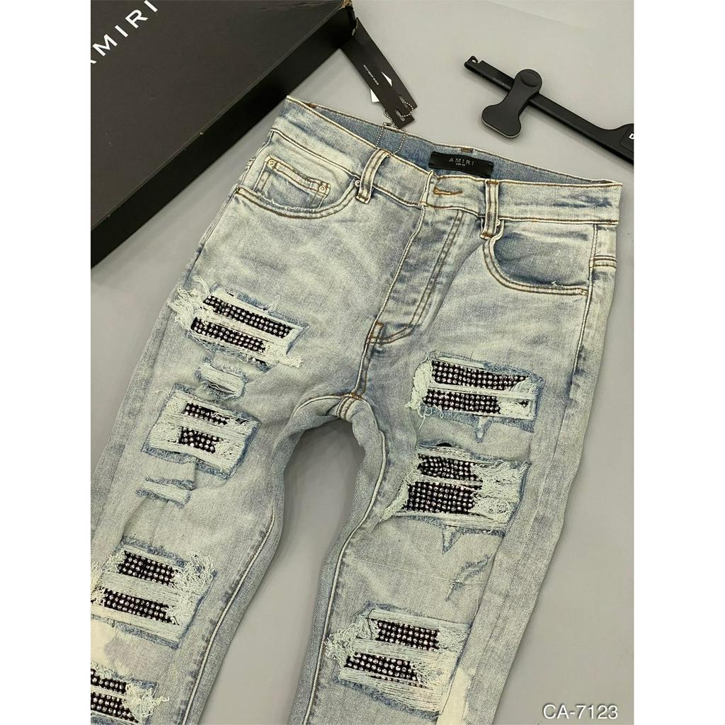 Quần Jean Likeauth Nam Xanh Rách Đính Đá Ống Quần Sơn Trắng Siêu Đẹp - Quần Jean Likeauth Dành Cho Nam