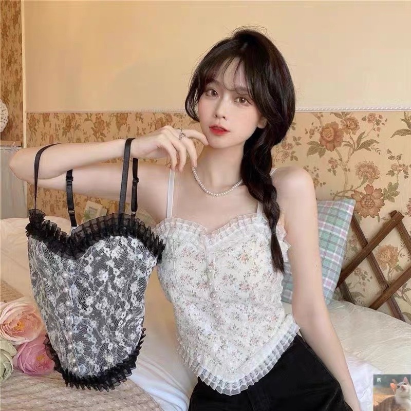 Áo hai dây bra ren hoa cúc ngọc chun lưng hàng Quảng Châu đẹp