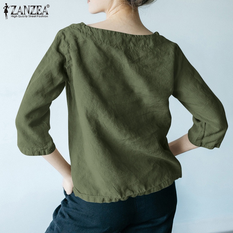 ZANZEA Áo Sơ Mi Cotton Tay Lỡ 3/4 Màu Trơn Cổ Tròn Thời Trang Dành Cho Nữ