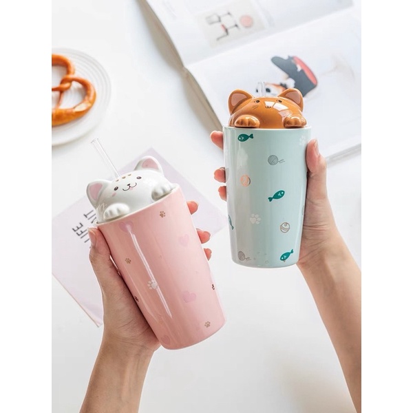 LY SỨ HÌNH CON MÈO KÈM ỐNG HÚT THUỶ TINH 480ml