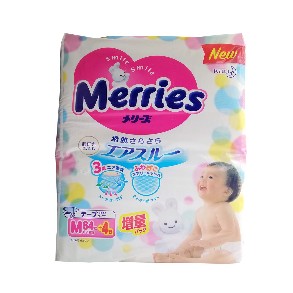 BỈM MERRIES DÁN SIZE M 64+4 CHO BÉ TỪ 6-11KG - HÀNG NỘI ĐỊA NHẬT BẢN