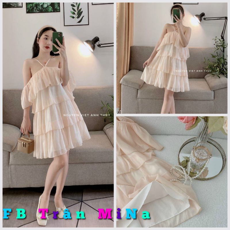 ĐẦM VOAN NUDE HỒNG CỔ YẾM RỚT VAI TẦNG - IB EM GỬI VIDEO CHO RÕ NET