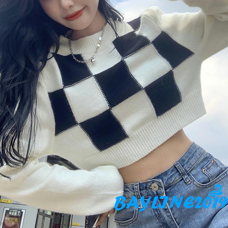 Áo croptop tay dài cổ tròn họa tiết kẻ sọc thiết kế thời trang dành cho nữ