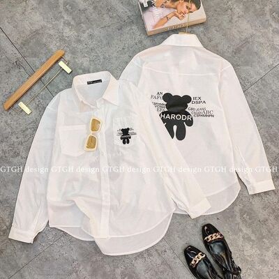 Áo sơ mi nữ hoạ tiết gấu in túi in lưng vạt bầu fom thụng