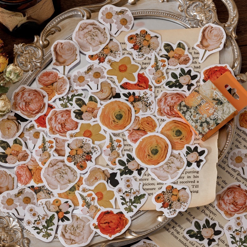 Set 46 Miếng Dán Trang Trí Sổ Tay/Nhật Ký Hình Hoa Cúc Kiểu Retro Xinh Xắn