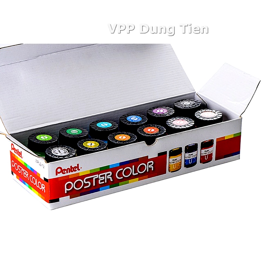 Bộ Màu Nước, Màu Poster Color Pentel 12 màu WPU2-12 Lọ Thủy Tinh 30ml/, Lọ Nhựa 12ml- CHÍNH HÃNG