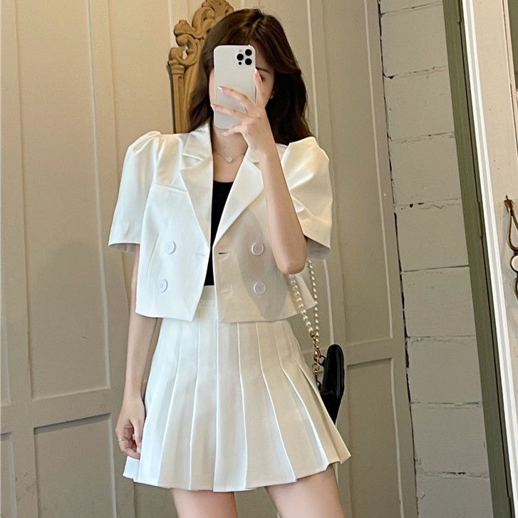 QOEDDV Set Áo Kiểu Tay Phồng Ngắn Cổ Chữ V + Chân Váy Xếp Ly Lưng Cao Thời Trang Phong Cách Hàn Quốc Cho Nữ