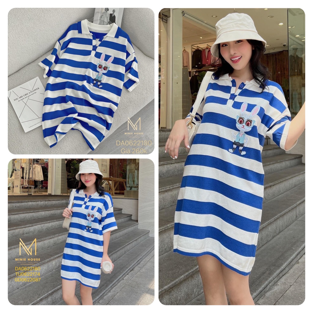 Đầm Babydoll Thun Sọc Thêu Thỏ Cổ Bẻ Hàng Qc Xịn ( kèm video)