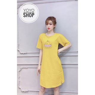Đầm bigsize dáng suông thun thái cổ tròn tay lỡ xẻ tà cho nữ form rộng dưới 70kg in hình màu vàng