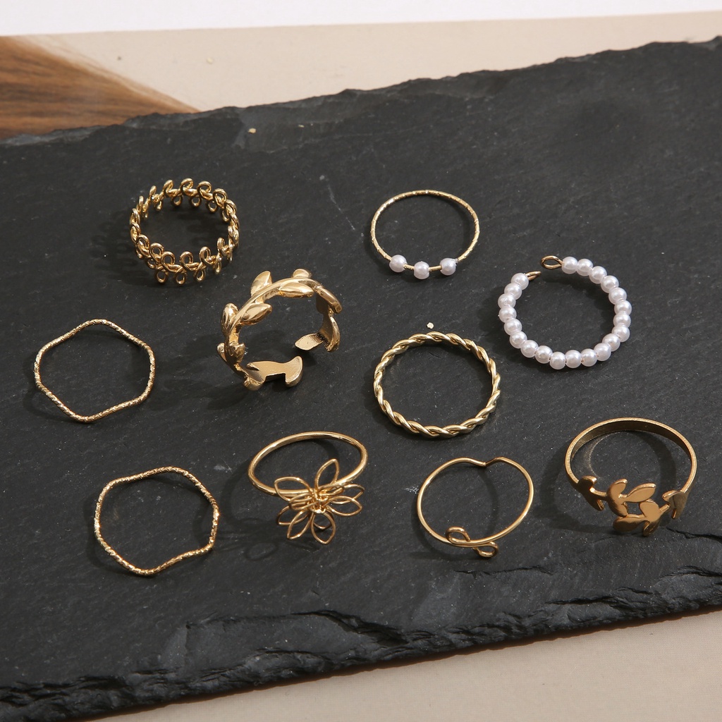 Set 10 Nhẫn Đeo Khớp Ngón Tay Đính Ngọc Trai / Bướm / Hình Học Phong Cách Bohemian Thời Trang Cho Nữ