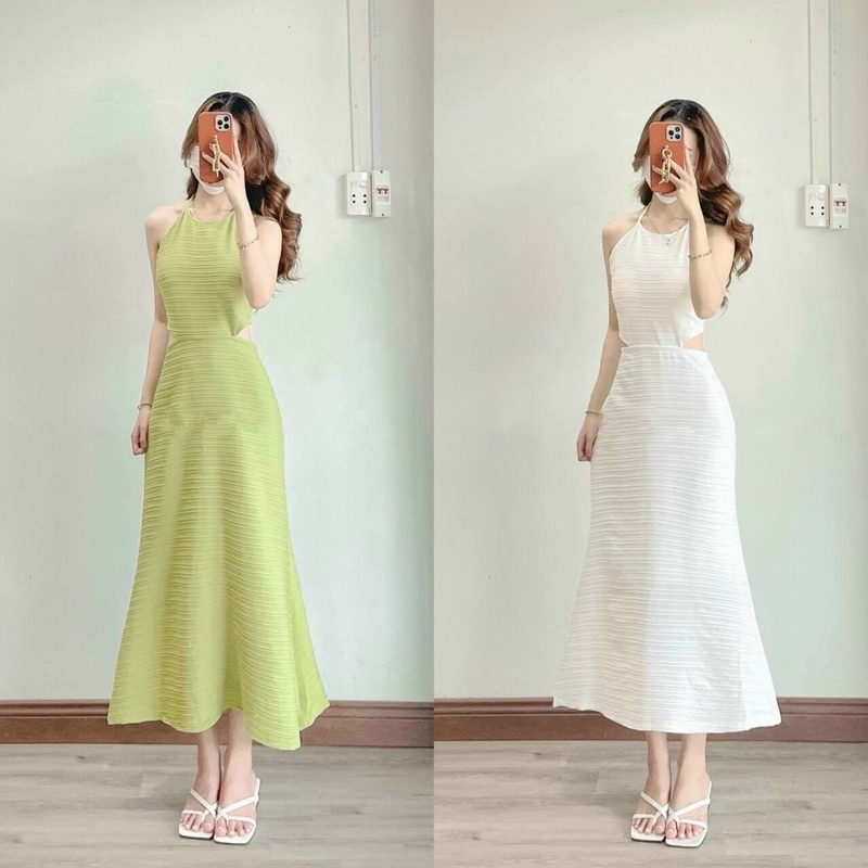 Váy thiết kế cổ yếm dáng dài hở eo chất gân gơn sóng sẵn mút ngực