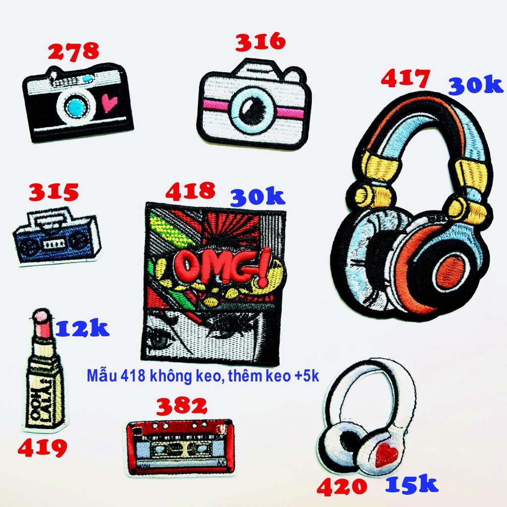 Sticker vải, patch ủi máy ảnh, headphone